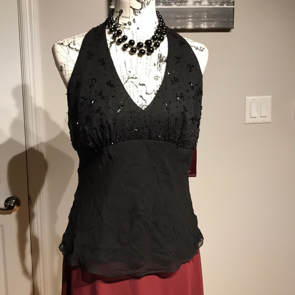NWT Marina Silk Vintage Embellish Bead Halter Cocktail Party Club shiny evening